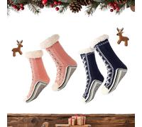 Générique Ultra-thick Cashmere Slipper Home Socks, Cashmere Slipper Socks for Women, Non-Slip Silicone Grippers (Navy Blue+Pink)