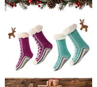 Générique Ultra-thick Cashmere Slipper Home Socks, Cashmere Slipper Socks for Women, Non-Slip Silicone Grippers (Purple+Blue)