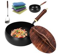Générique Uncoated Iron Pot,Thickened Hand Forged Non Stick Pan,Large Capacity Frying Pans with Lid and Shovel,Rust Free Flat Bottom Cooking Pot for on Induction Cookers Gas Stoves