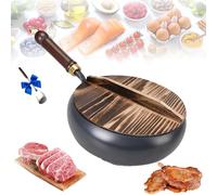 Générique Uncoated Thick Iron Pot, Japanese Iron Pan for Cooking, Uncoating Cast IronPot, Hand-Forged Non-Stick Cast Skillet, High Purity Steel Wok for Frying (Smooth-Wood Cover,9.45 in)