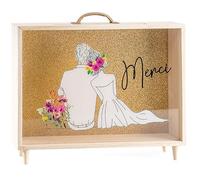 Générique Urne de Mariage en Bois Style Mallette, Fond Doré Pailleté avec Feuillage, 35 x 28 x 7,5 cm, Inscription Merci (Couple Mariés Bucolique Fond Or)