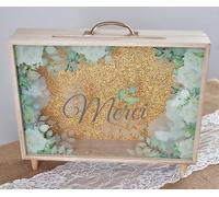 Générique Urne de Mariage en Bois Style Mallette, Fond Doré Pailleté avec Feuillage, 35 x 28 x 7,5 cm, Inscription Merci (Merci Gris)