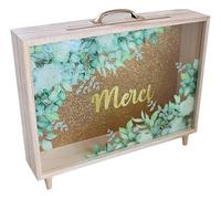 Générique Urne de Mariage en Bois Style Mallette, Fond Doré Pailleté avec Feuillage, 35 x 28 x 7,5 cm, Inscription Merci (Merci Doré)