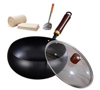 Générique Usceshonn Iron Pot, 7.87-11.81 inch Uncoated Iron Pan with Lid, Triple Stainless Steel Non-Stick Pans with Wooden Lid/Glass Cover/Spatula, for Cooking, Stewing (smooth glass cover,10.23in)