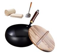 Générique Usceshonn Iron Pot, 7.87-11.81 inch Uncoated Iron Pan with Lid, Triple Stainless Steel Non-Stick Pans with Wooden Lid/Glass Cover/Spatula, for Cooking, Stewing (Smooth Wood Cover,7.87in)