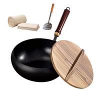 Générique Usceshonn Iron Pot, 7.87-11.81 inch Uncoated Iron Pan with Lid, Triple Stainless Steel Non-Stick Pans with Wooden Lid/Glass Cover/Spatula, for Cooking, Stewing (Textured Wood Cover,10.23in)