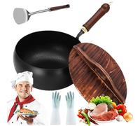 Générique Usceshonn Iron Pot, 9.45 inch Uncoated Iron Pot with Wooden/Glass Lid, Handmade Hammered Multi-Functional Large Belly, Triple Stainless Steel, Non-Stick (#2,Wood Lid)