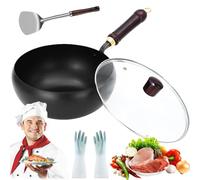 Générique Usceshonn Iron Pot, 9.45 inch Uncoated Iron Pot with Wooden/Glass Lid, Handmade Hammered Multi-Functional Large Belly, Triple Stainless Steel, Non-Stick (#1,Glass Lid)