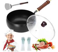 Générique Usceshonn Iron Pot, 9.45 inch Uncoated Iron Pot with Wooden/Glass Lid, Handmade Hammered Multi-Functional Large Belly, Triple Stainless Steel, Non-Stick (#2,Glass Lid)