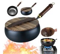Générique Usceshonn Iron Pot, Hand-Forged Uncoated Thick Iron Pan, Non-Stick Cookware with Wooden Lid, Deep Belly Stir Fry Wok for Gas, Induction, Electric & Ceramic Stovetops (9.45 inch)