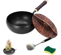 Générique Usceshonn Iron Pot, Uncoated Thick Iron Pot, Hand-Forged Non-Stick Pan, With Lid And Spatula, Easy To Clean for Baking, Cooking, Stewing (9.4 in,With wooden cover)