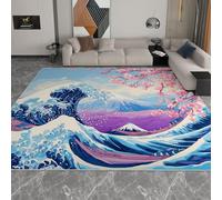 Générique Vagues De Fleurs Japonaises Tapis Design 3D Moderne 140 x 200 cm, Bleu Tapis de Salon Élégant en Flanelle Douce - Couleurs Vives Ne Pâlissent Pas, Base Antidérapante, Décoration Intérieure