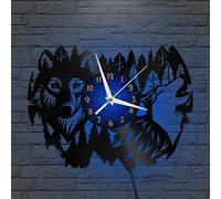 Générique VCSFR Horloge Murale en Vinyle Loup dans la forêt, Horloge Murale silencieuse et sans tic-tac à Piles pour Cuisine Maison Salon Chambre école （B、avec lumière LED）