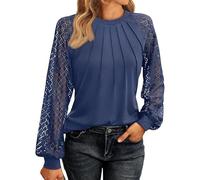 Générique Vente en Ligne Chemise Femme Hauts col Rond Chic Blouse Longues Manches Découpées en Dentelle, Elegant Chiffon Top Bubble Sleeve Casual Chemisier Cadeau Femme Marine M