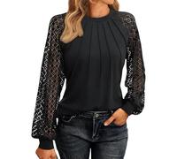 Générique Vente Flash du Jour et Soldes T-shirt décontracté à manches longues pour femme plissé à l'avant avec col rond gaufré pour Femme Cadeau Femme Noir S