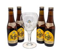 Générique Verre à Bière Leffe Blonde 33cl Officiel + 4 Bouteilles, Verre pour degustation ou collectioneur