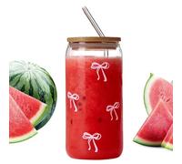 Générique Verre Esthétique - Bocal Paille Imprimé Nœud,avec Couvercle Tasses,Pour Mère Jeune Fille Collègue Féminine Anniversaire Fêtes Cuisine Maison Réunions Eau Vin Cocktails
