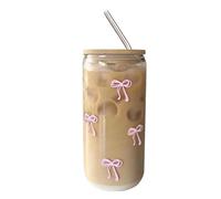 Générique Verre Esthétique - Bocal Paille Imprimé Nœud,Verres Café Glacé Avec Couvercle,Pour Femme Dame Collègue Anniversaire Fête Cuisine Maison Réunion Thé Cocktail Bière
