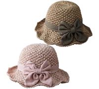 Générique Versatile Retro Woven Handmade Straw Hat with Ruffled Bow Elegant French Sun Hat Foldable, Breathable, Beach Travel Hats (C)