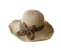 Générique Versatile Retro Woven Handmade Straw Hat with Ruffled Bow, Elegant French Sun Hat, Foldable Breathable Travel (Beige-B)