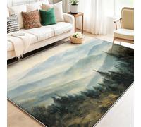 Générique Vert Clair Tapis de Salon Lavable en Machine Tapis Chambre Grand Moquette 100 x 150 cm, Doux imprimés Rétro Paysage Sommets Montagneux Brume Descente de Lit Antidérapant Manger Decoration