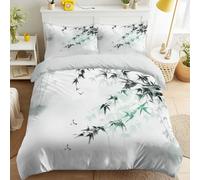 Générique Vert Housse de Couette avec Motif Lavis d'encre De Chine, Douce Légère Facile d'entretien Linge de lit, Forêt De Bambous Oiseaux Brume Zen Parure de Lit 140 x 190 cm pour Chambre