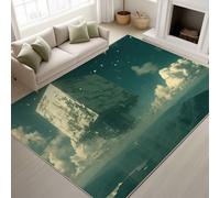 Générique Vert Mousse 60 x 150 cm Doux Tapiss Futuriste Cinématographique Tapis Bâtiments Rectangulaires Nuages Oiseaux Lumière Blanche Lavable Moderne Sci-FI Tapis de Antidérapant pour Salle de Jeux