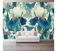 Générique Vert Papier Peint Mural, Art Déco Fleurs D'Iris Intissé Panoramique Murale pour Fond de TV - Salon Chambre haut de gamme Impression Définition Poster Mural 400 x 280 cm（WxH