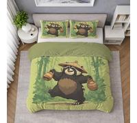 Générique Vert Sauge Dessin Animé Parure de Lit Réversible Respirante Extra Doux Set de Housse Couette avec Fermeture Éclair, Raton Laveur Dansant Joyeux Motif, pour Enfants Adulte, 140 x 200 cm