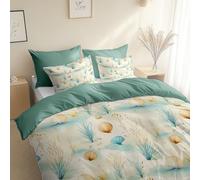 Générique Vert Sauge Housse de Couette 220 x 240 cm, avec 2 Taies d'oreiller 65x65 cm, MotifDessin Animé De Plage avec Coquillages Et Herbe, Parure de Lit avec Fermeture Éclair, Couette 4 Saisons