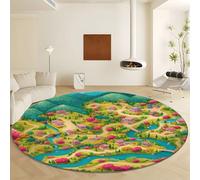 Générique Vert Tapis Rond Ø 100 cm Dessin Animé Montagnes Maisons Ville, Tapis Intérieur Pile Courte Douce Confortable - Moquette Antidérapant Lavable pour Salon Chambre Salle de Jeux Décoration