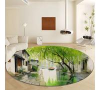 Générique Vert Tapis Rond Ø 60 cm Arbre À L'Encre Petite Ville, Tapis Intérieur Pile Courte Douce Confortable - Moquette Antidérapant Lavable pour Salon Chambre Salle de Jeux Décoration