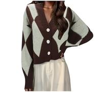 Générique Veste Chaude Femme,Veste De TempéRament FrançAis Design CoréEn DéContracté Style De DéPlacement Losange Vert Tricot à Col en V Printemps Et Automne (Coffee One Size)