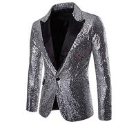 Générique Veste Costume Blazer à Paillette Homme Veste de Smoking Slim Fit à Bouton Jacket Brillant Outwear Élégant pour Mariage 2024 Fête Cosplay Disco Party Club Halloween (Argent, S)