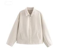 Générique Veste courte en laine mélangée pour femme, col à revers, manches longues, fermeture éclair, style caban court en laine avec poches