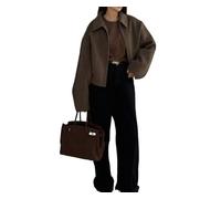 Générique Veste courte en laine mélangée pour femme, col à revers, manches longues, fermeture éclair, style caban court en laine avec poches