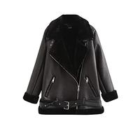 Générique Veste Cuir Femme Blouson Moto Biker Bombers Zippé Chaud Courte Manches Longues Avec Revers Ceinture Poches Unie Automne Hiver Manteau Casual Vintage A-Black, XS