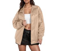Générique Veste Cuir Femme Couleur Unie avec Col Revers Blouson Femme Vintage Manteau Zippée Slim Fit Cardigan Femmes Coupe Ajustée Trench Coat Confortable Hiver Veste Mi Saison Baggy Jacket Loisirs