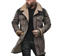 Générique Veste De Cowboy Vintage en Daim pour Homme, Manteau en Similicuir Doublé Sherpa avec Col en Peluche, Long Jusqu'Aux Hanches, Imperméable Épais Coupe-Vent pour l'hiver Et L'Automne, Ma