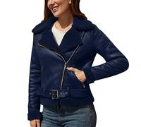 Générique Veste en Cuir Blouson Femme Moto Biker Courte Fermeture éclair Chaud Automne Hiver Couleur Unie Mode Décontracté Grandes Tailles Manteau Femme avec Col Rembourré Manches Longues A-Black, S