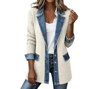 Générique Veste Femme en Tricoté Veste Col Tailleur et Détails en Jean Style Décontracté et Chic Coupe Longue et Large Bloc de Couleurs Tricoté Épaisse Vêtement D'extérieur Manteau de Loisir