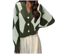 Générique Veste Hiver Femme Chaude,Veste De TempéRament FrançAis Design CoréEn DéContracté Style De DéPlacement Losange Vert Tricot à Col en V Printemps Et Automne (Green One Size)