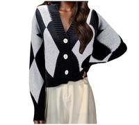 Générique Veste Hiver Femme,Veste De TempéRament FrançAis Design CoréEn DéContracté Style De DéPlacement Losange Vert Tricot à Col en V Printemps Et Automne (Black One Size)