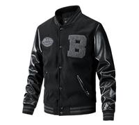 Générique Veste Homme Automne Hiver Fashion Casual Broderie Clip Panel Manches Longues Manteau Veste en Polyester et CUIR Imitation Mixte Matelassée(Black, XXL)