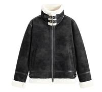 Générique Veste Homme en Cuir Suédé, Doublée Polaire Et Fausse Fourrure, Style Motard, Col en Fourrure, Blouson Bomber Matelassé d'hiver, Manteau Thermique Coupe-Vent, Noir Et Blanc, Taille S