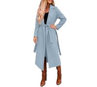 Générique Veste Laine Femme Manteau Long Femme Hiver Ceinture Tissu Identique Revers Large Poches Latérales Tissu Doux Pour Automne Hiver Sortie Travail Loisirs Décontracté Élégant Bleu clair, L