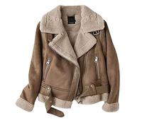 Générique Veste Moto Biker Femme Simili Cuir Courte Manches Longues Fermeture Éclair Chaud Y2K Poches Unie Épaississement Automne Hiver Mode Casual B-Coffee, M