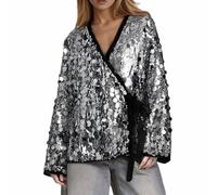 Générique Veste Paillettes Femme,Veste Kimono DéContractéE à Paillettes Scintillantes éLéGante Et Ample IdéAle pour La Vie De Tous Les Jours (Silver M)