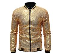 Générique Veste pour Homme À Paillettes Manches Longues Fermeture Éclair Ouverte Manteau De Costume Scintillant pour Fêtes Et Célébrations Blazer Pilote Métallique des Années 80 Disco