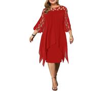 Générique Vestido de gasa Con dobladillo irregulier y Cuello Redondo Con paneles de Encaje Para Mujer Invitado de boda (Rojo,6TG)